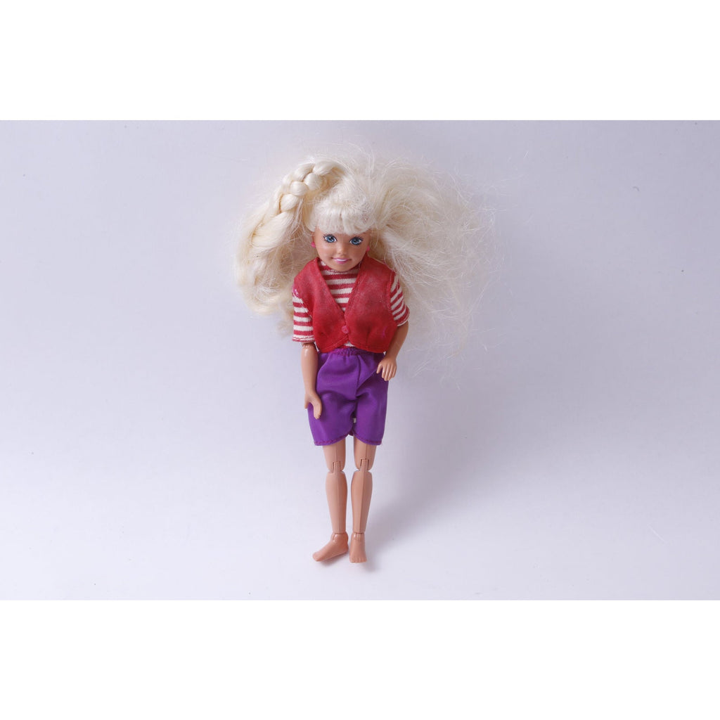 Small Barbie Style Doll, Blonde, Bendable Knees, Rolling Shoulders, Purple Shorts, Toy, Vintage, Collectible, ~ 20-01-760