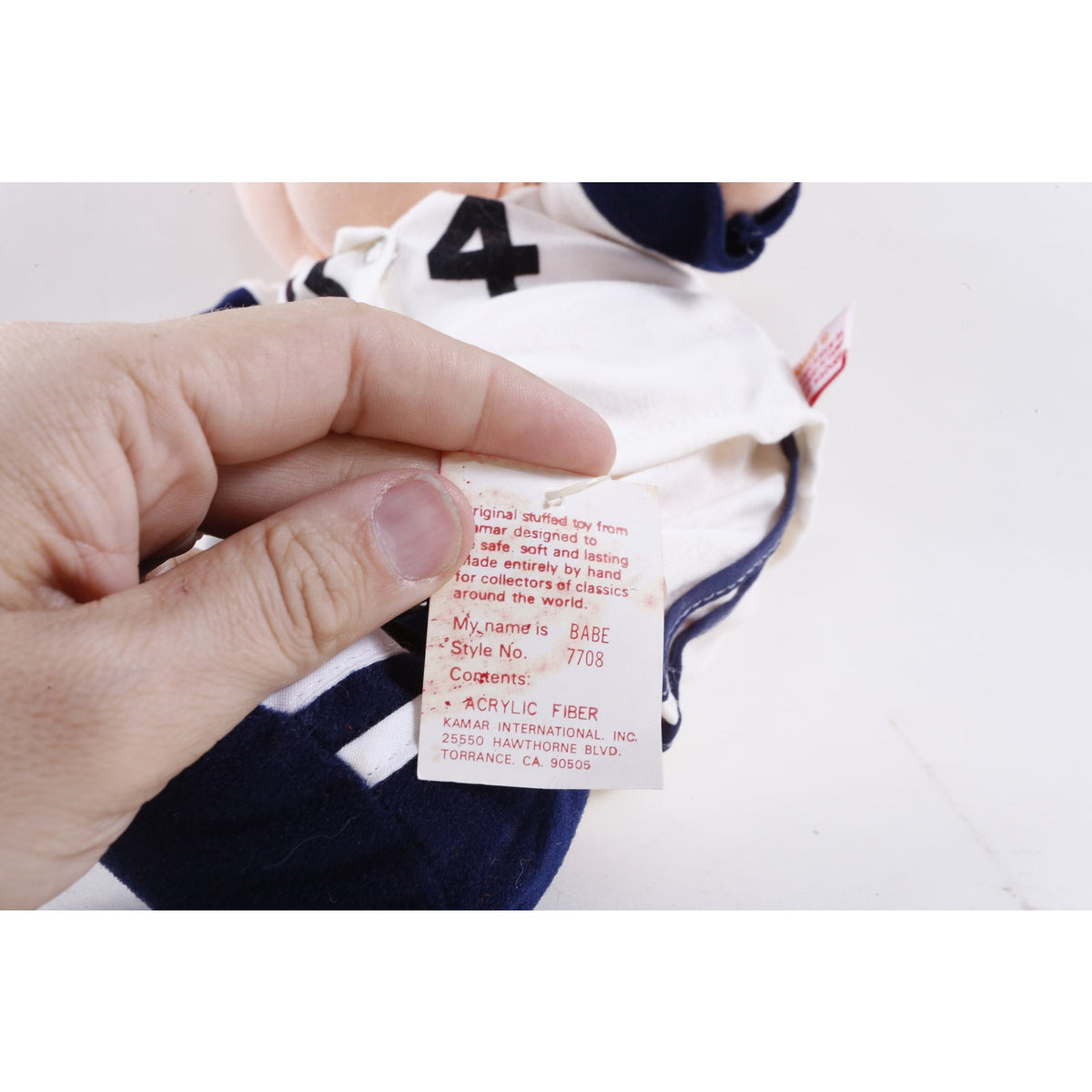 Kamar, Rare, Production Sample, Babe Ruth, Baseball Player, White Blue Uniform, Style 7708, Soft, Plush, Doll, Vintage 20-01-272