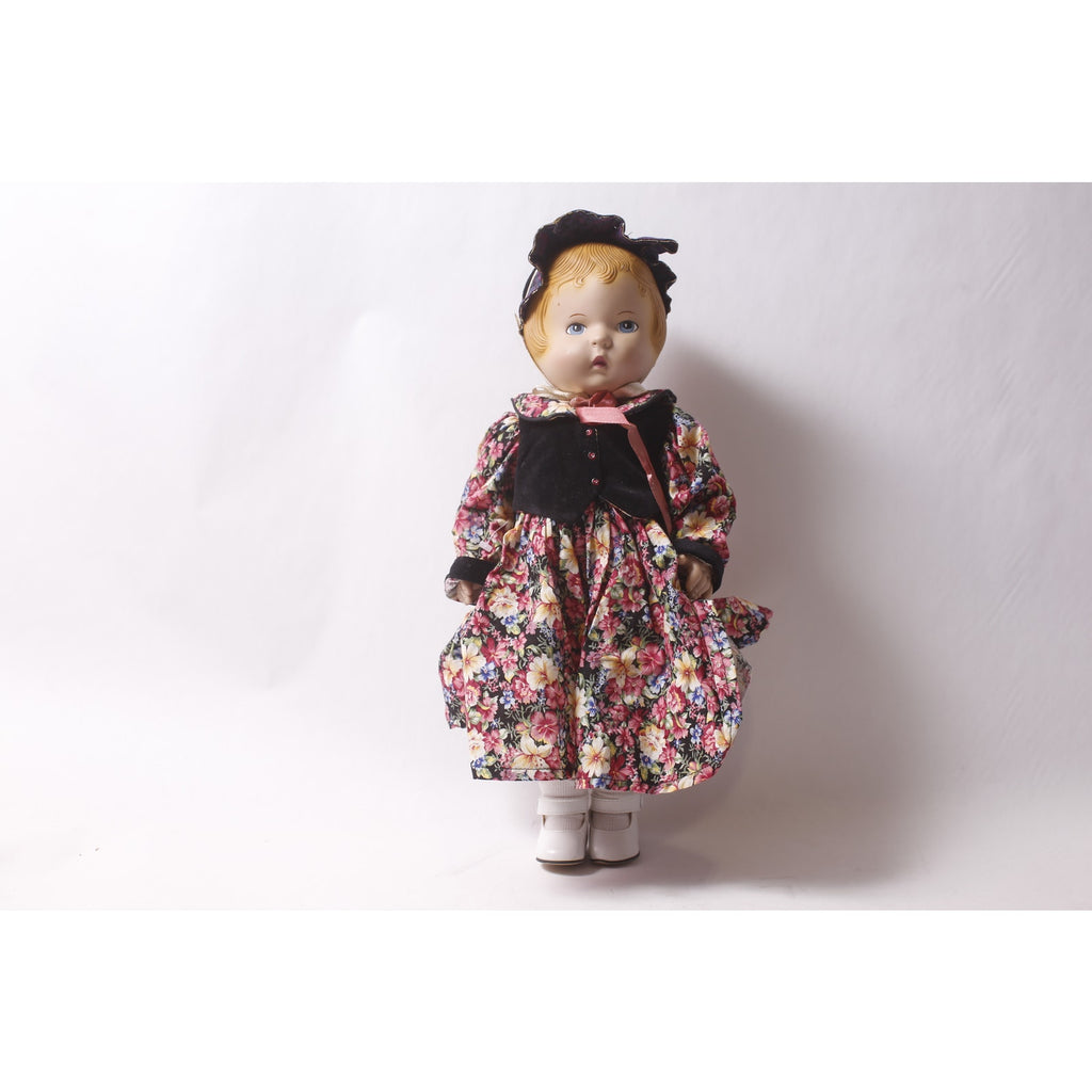 1990s Daisy Kingdom 18" Vinyl Doll in Floral Dress Black Vest and Black Hat ~ 260302-WH M-15-06