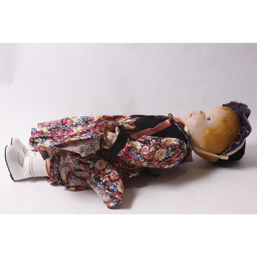 1990s Daisy Kingdom 18" Vinyl Doll in Floral Dress Black Vest and Black Hat ~ 260302-WH M-15-06