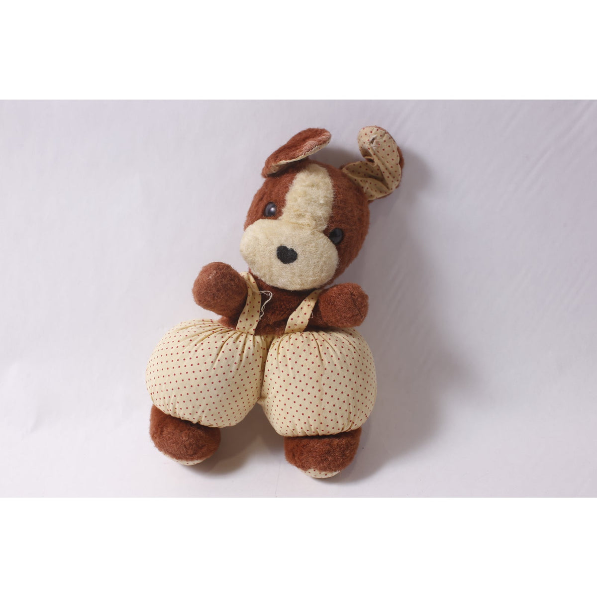 1940s Antique Funny Plush Puppy in Dotted Outfit Handmade Soft Toy ~ 260304-WH 1026