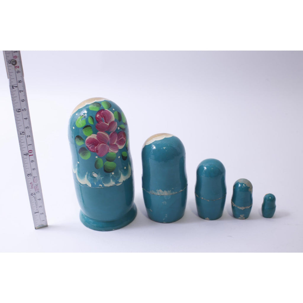 Vintage Matryoshka Doll, Set of 5, Blue Floral Design, Hand Painted, Wooden, Nesting Doll, Stacking, Russian, Traditional~ 241105-WH M-05-09