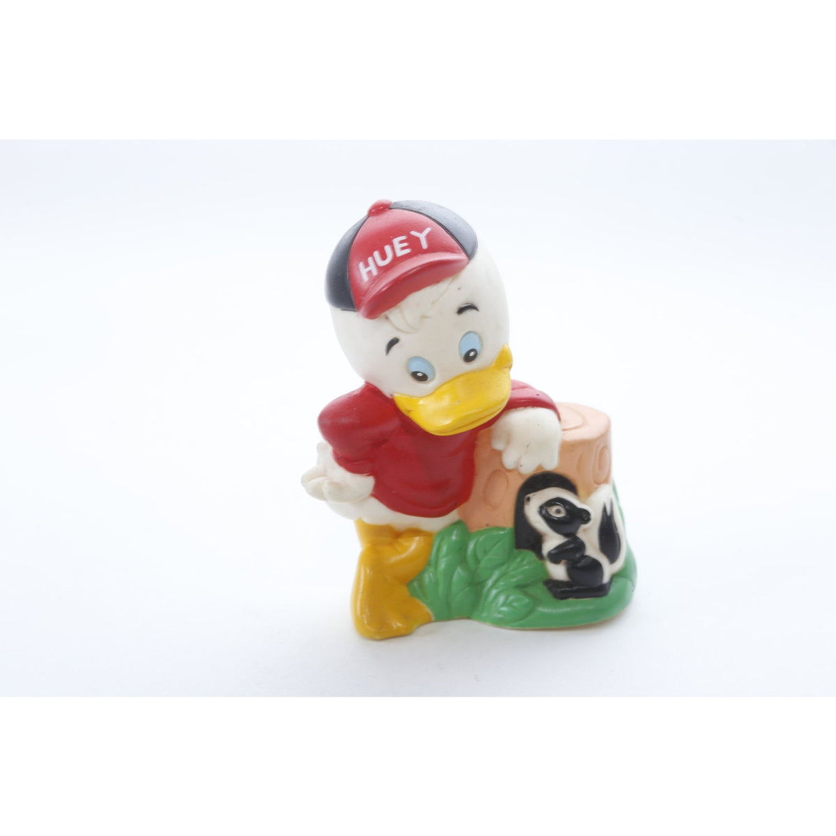 Disney, Huey Duck, DuckTales, 4 1/4", PVC Figure, Duck Leaning on Stump, Cartoon Character, Funny, Children, Vintage, ~ 230204-AHL-1 1192