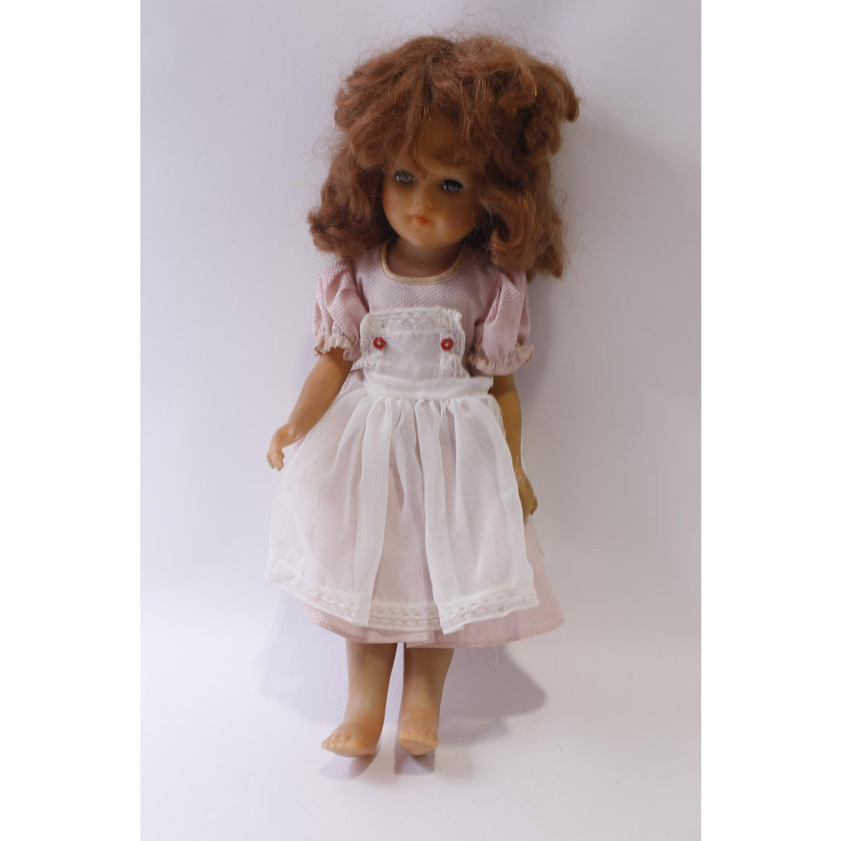 Vintage 1960s Doll from the ussr, Pink Dress with White Apron, Redhead, Poseable Figure, FLAW ~ 241226-WH M-21-01