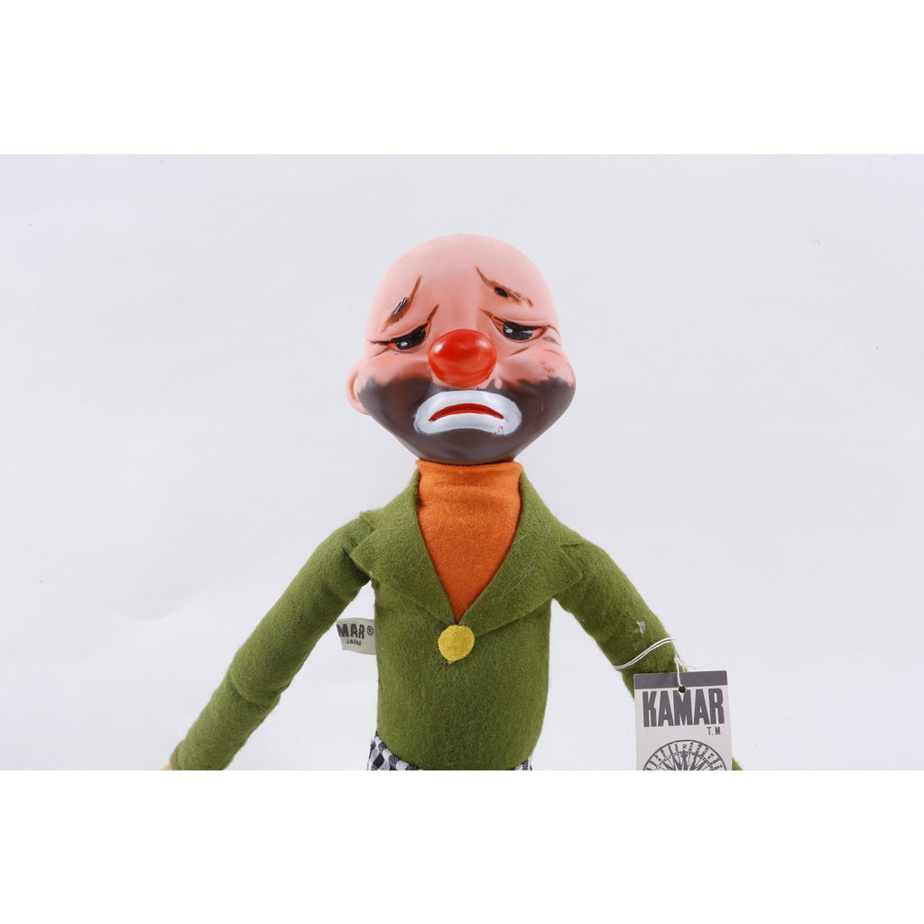 Kamar Production Sample 70s Jock, Sad Clown, Bald, Green White Outfit, Soft, Plush, Doll, Vintage, 243