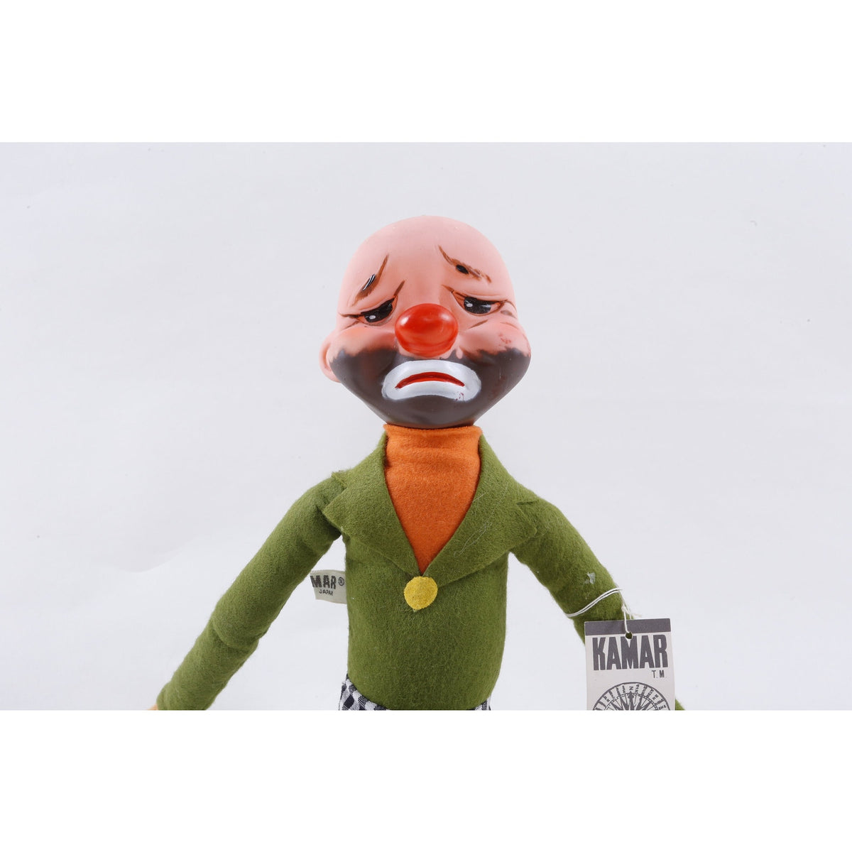 Kamar Production Sample 70s Jock, Sad Clown, Bald, Green White Outfit, Soft, Plush, Doll, Vintage, 243