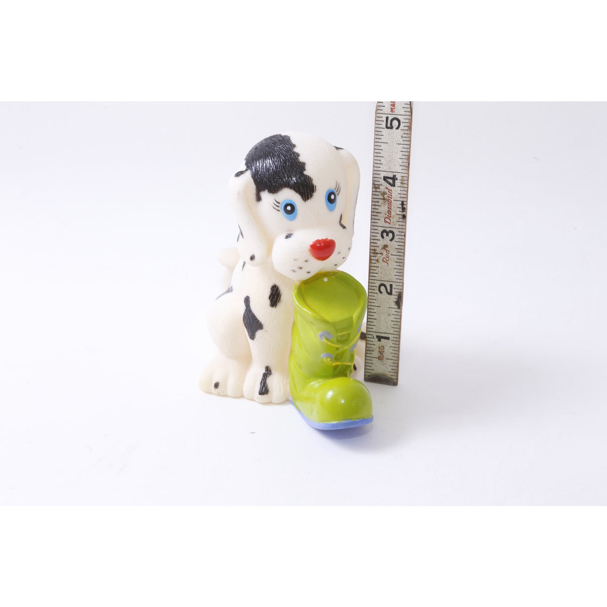 Squeaky Toy, Dog Toy, White, Black, Dalmatian, Green Boot, PVC Figure, Animal, Toy, 4.5", Collectible, Vintage, ~20-01-448