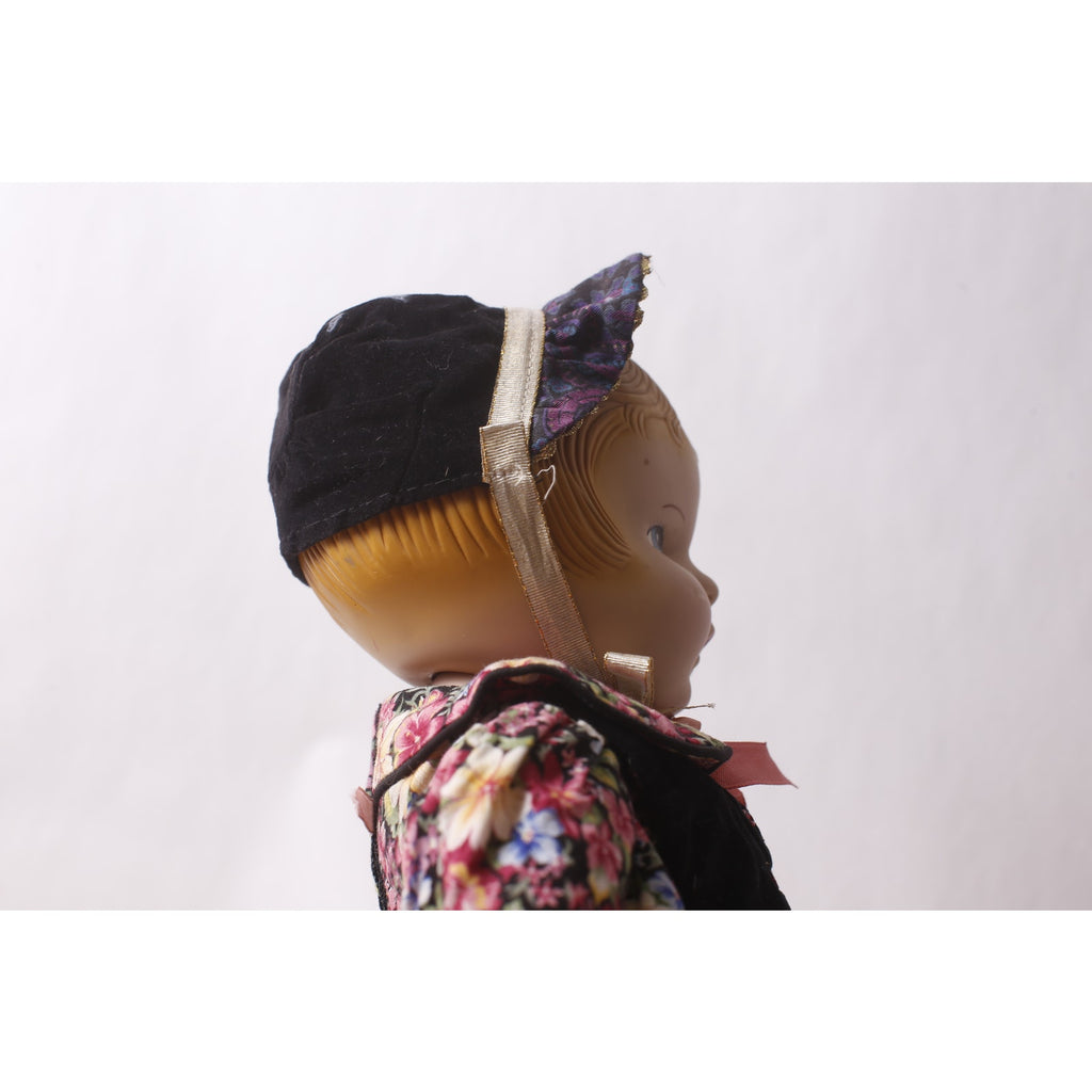 1990s Daisy Kingdom 18" Vinyl Doll in Floral Dress Black Vest and Black Hat ~ 260302-WH M-15-06