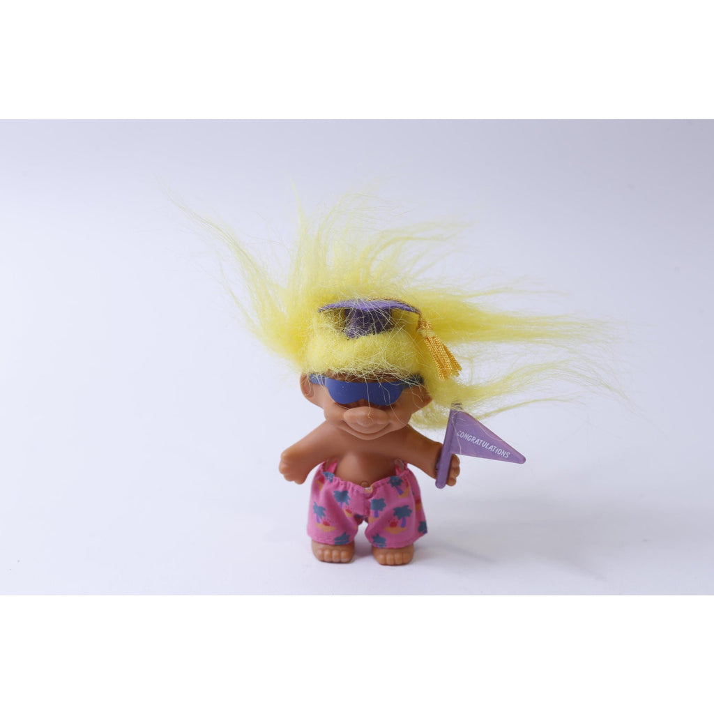 Russ Beach Bum Troll in Graduate Hat with Congratulations Flag, Yellow Hair, 1990s, Vintage, Collectible, ~ 241105-WH M-05-04