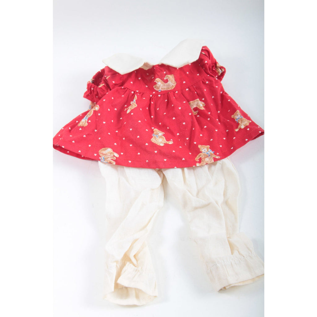 Doll Outfit Girl Red Dress Puffed Sleeves Teddy Bear Print White Hearts Peter Pan Collar White Pants Clothes ~ The Pink Room ~ 20-05-165