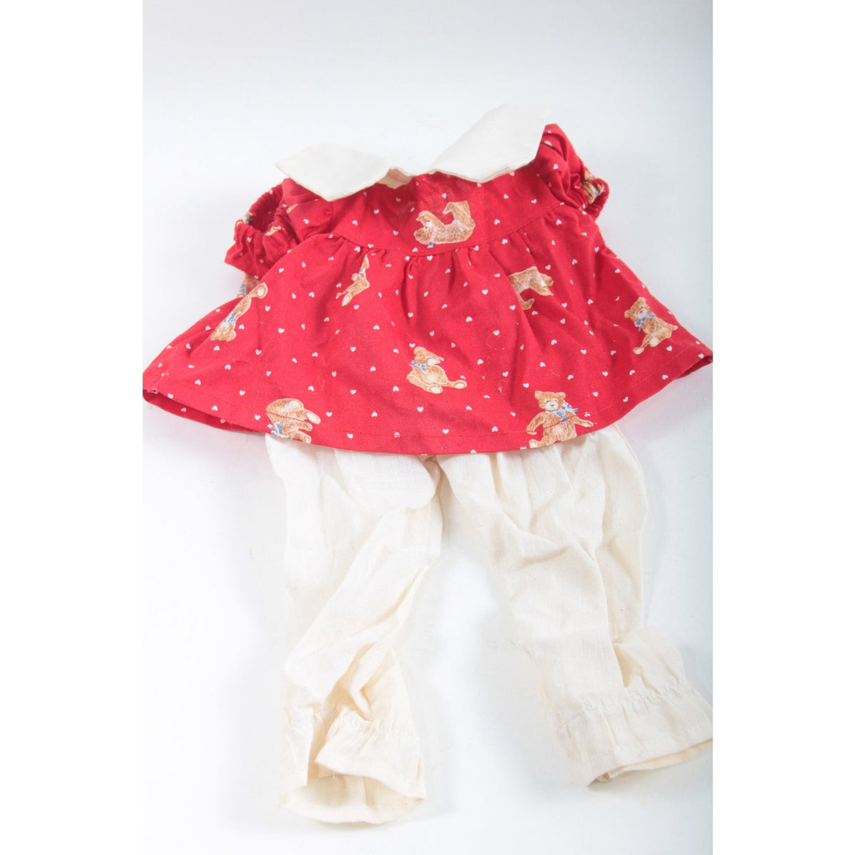 Doll Outfit Girl Red Dress Puffed Sleeves Teddy Bear Print White Hearts Peter Pan Collar White Pants Clothes ~ The Pink Room ~ 20-05-165