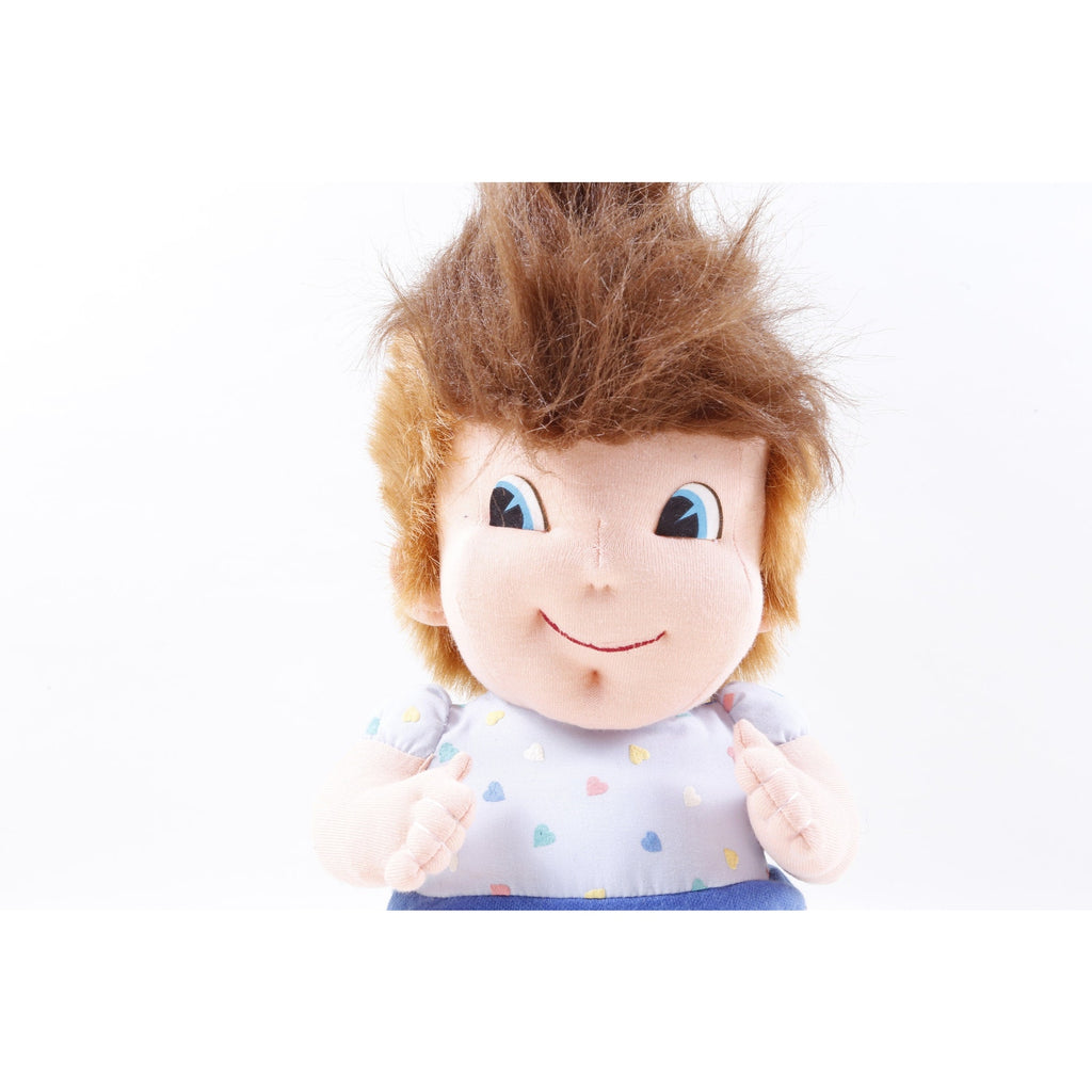 Kamar Kid, Unproduced, Rare, Prototype, Sample, OOAK, hand made, Boy, Blue Costume, Hearts, Brown Hair, Soft, Plush, Doll, Toy ~ 803