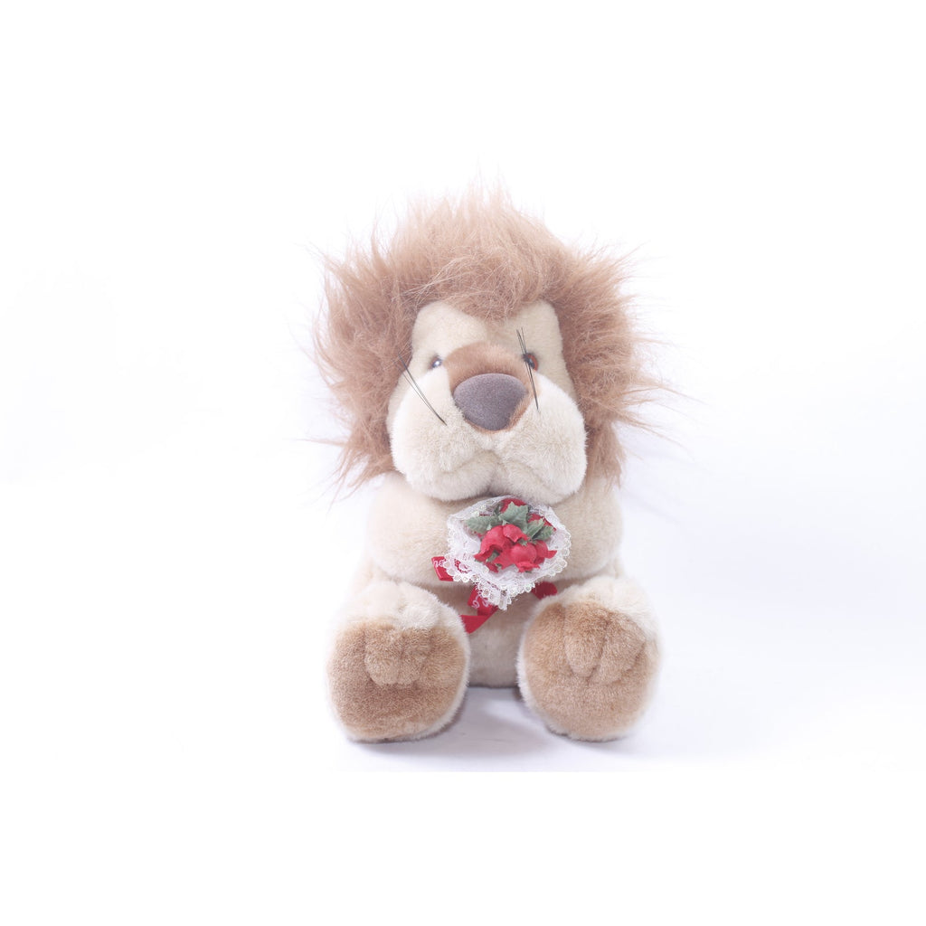 90s Vintage Plush Lion Holding a Flower Bouquet Love Romance Gift Idea ~ 260507-WH 644