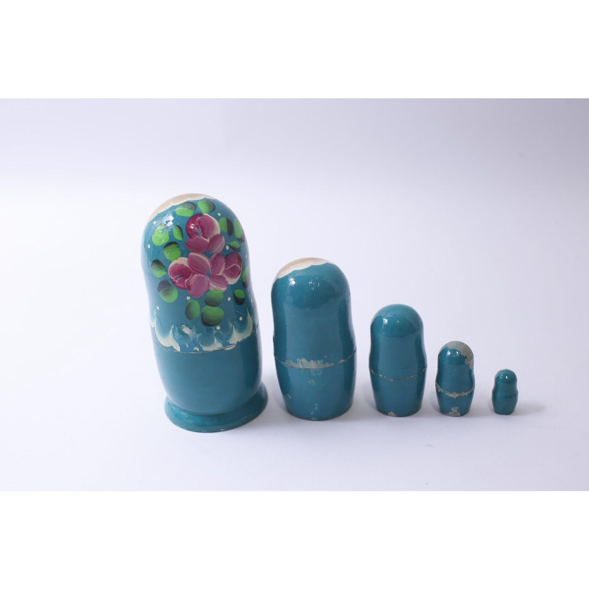 Vintage Matryoshka Doll, Set of 5, Blue Floral Design, Hand Painted, Wooden, Nesting Doll, Stacking, Russian, Traditional~ 241105-WH M-05-09