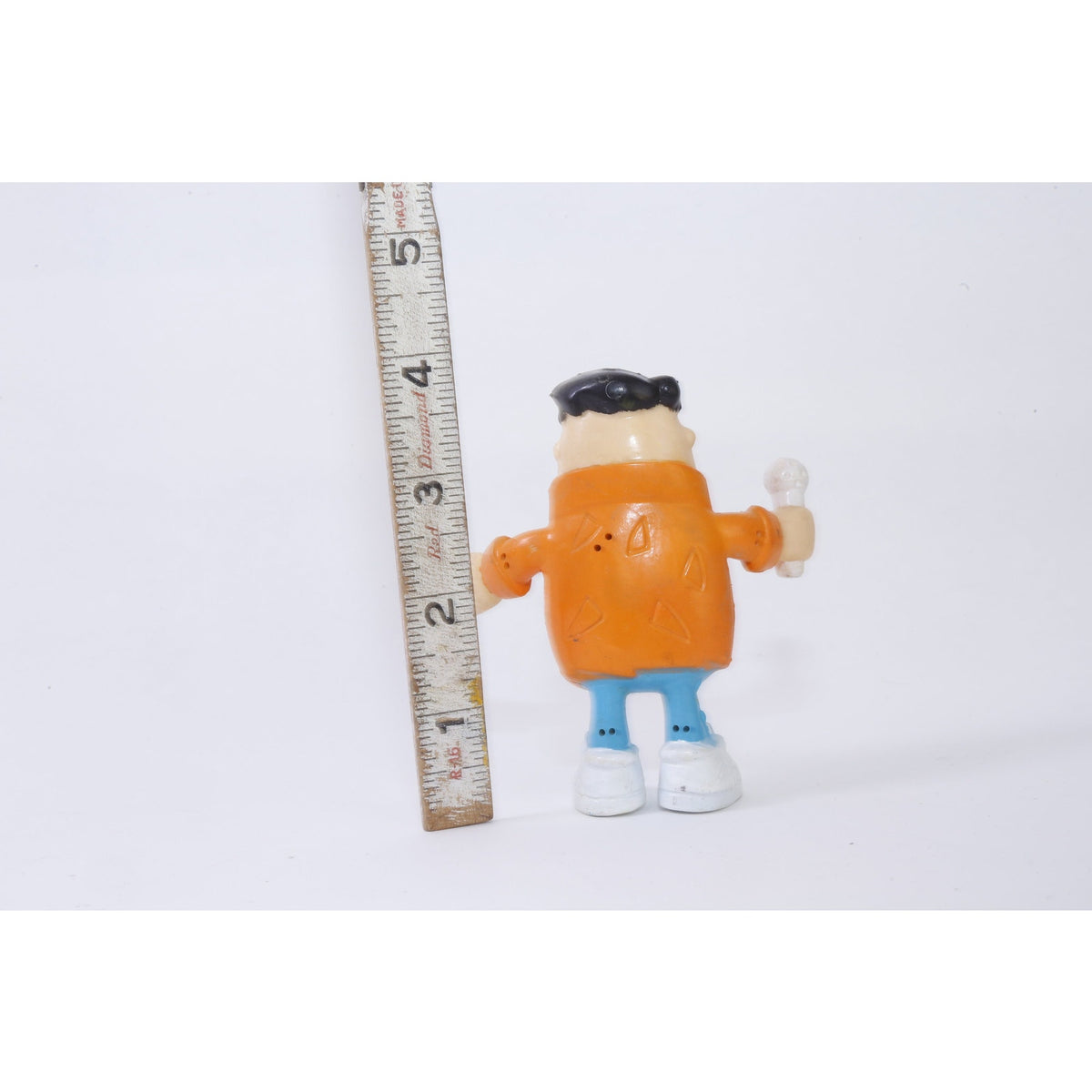 Fred Flinstone with Microphone, Bendable Toy, PVC Figure, 4", Orange Jacket, Blue Pants, Cartoon Character, Vintage, ~ 20-02-64