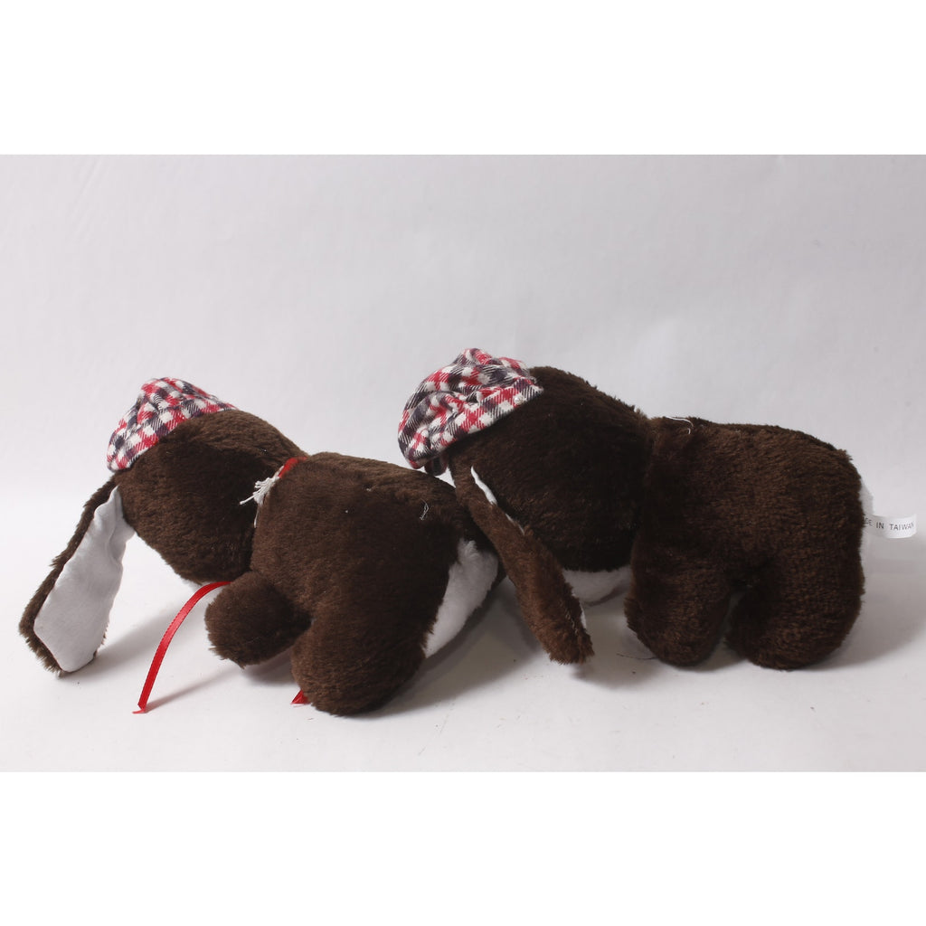 1980s Carnival Cute Plush Brown and White Puppy in Plaid Newsboy Cap Set of 2 ~ 260907-WH 1142