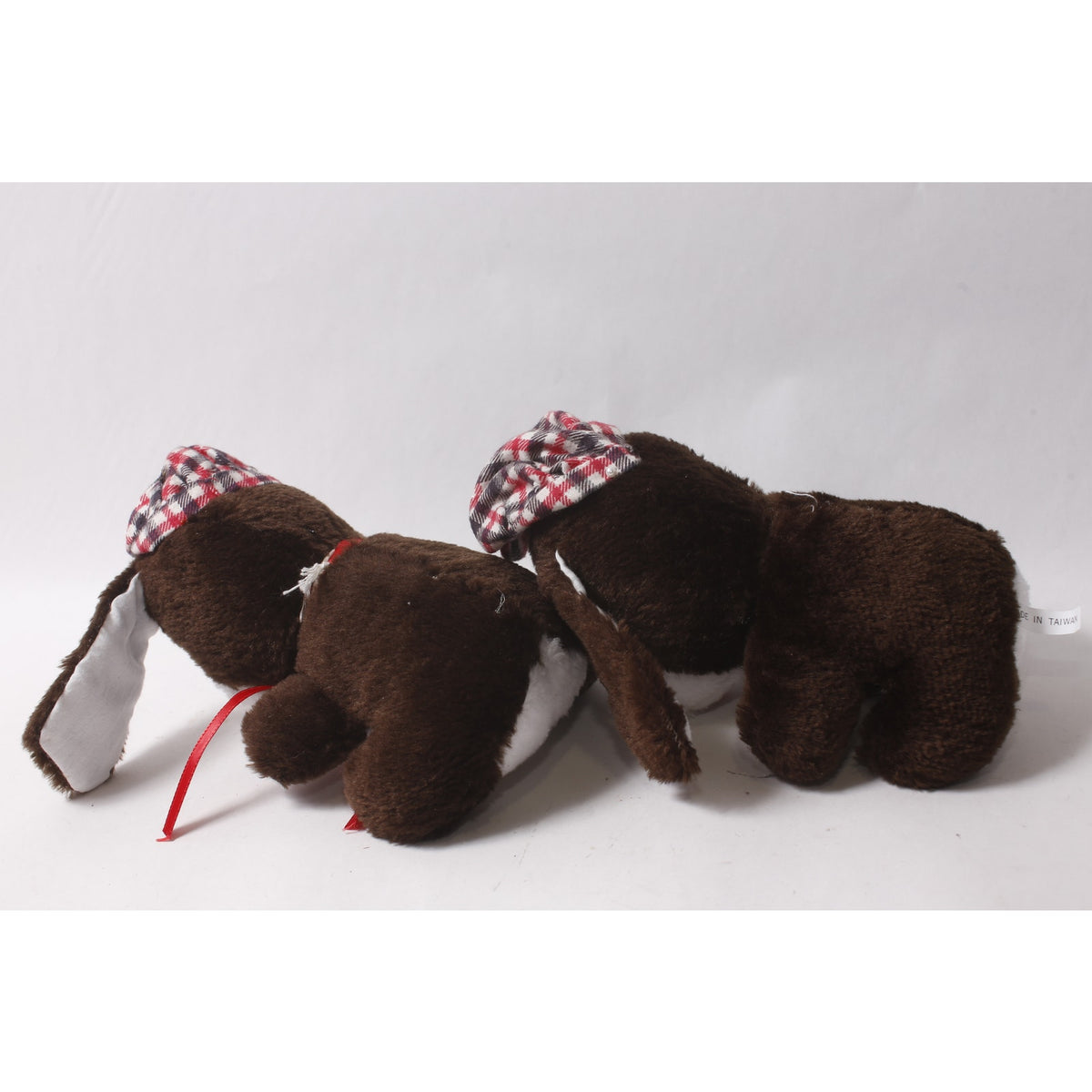 1980s Carnival Cute Plush Brown and White Puppy in Plaid Newsboy Cap Set of 2 ~ 260907-WH 1142