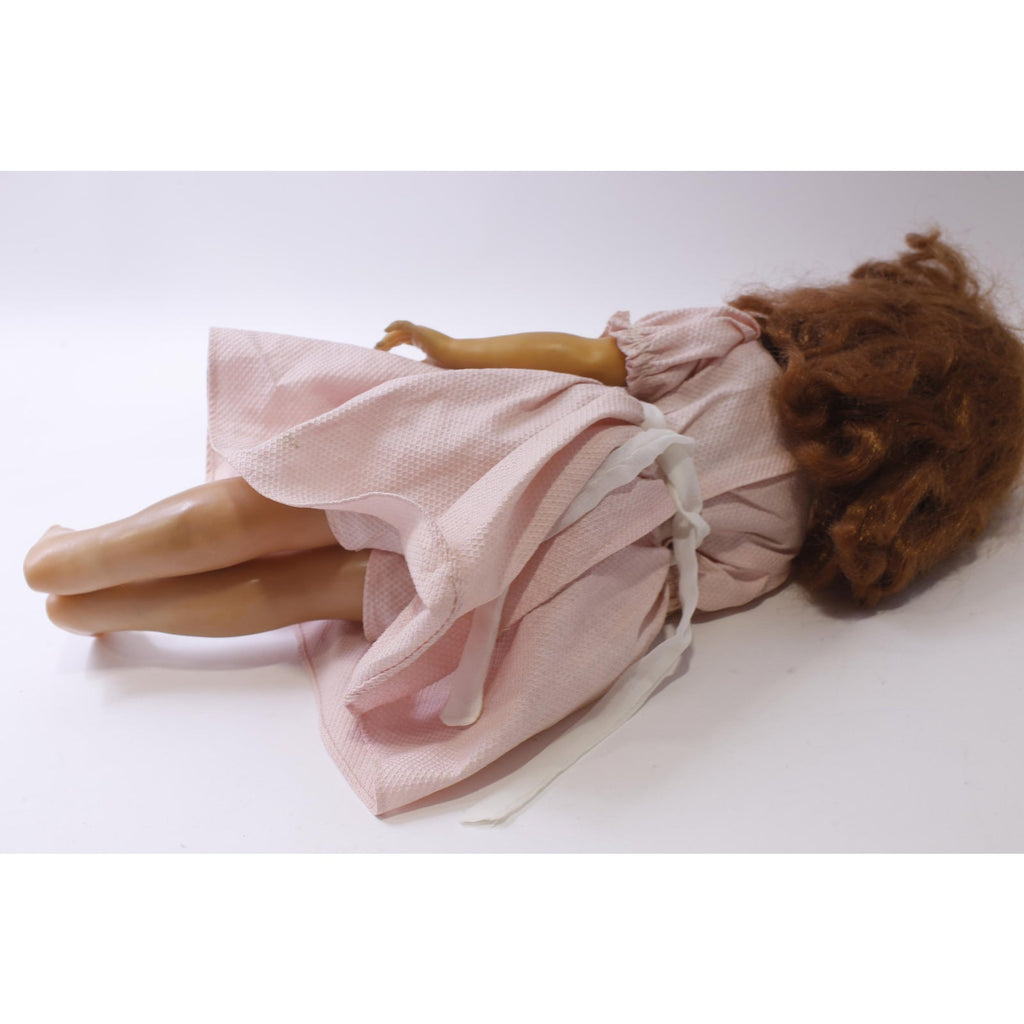 Vintage 1960s Doll from the ussr, Pink Dress with White Apron, Redhead, Poseable Figure, FLAW ~ 241226-WH M-21-01
