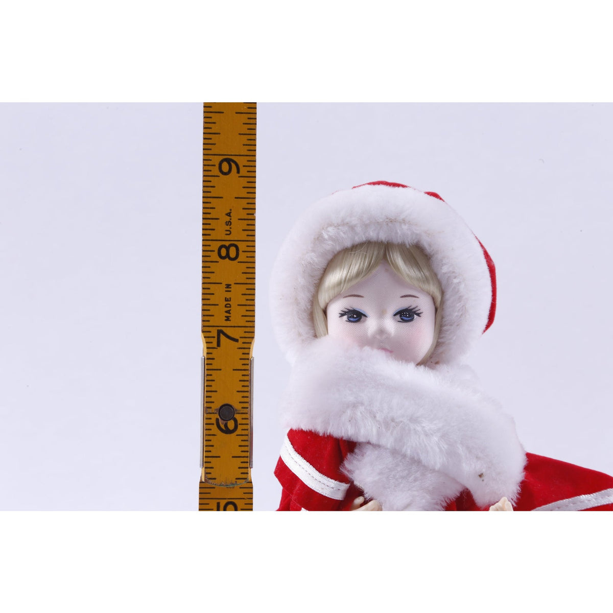 Bradley Dolls, Miss December, Toy Figure, Red White Dress, White Fur, Art Doll, Vintage, Collection, Photo Prop, ~ 20-19-650
