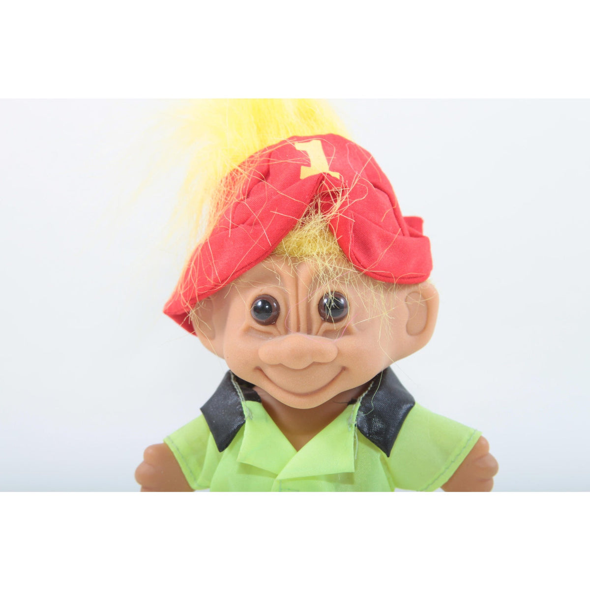 Russ Fireman Troll Yellow Hair Yellow Uniform Soft Red Helmet Vintage Good Luck Troll Toy Plastic Figure ~ 260420-WH 1019
