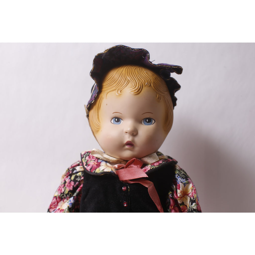 1990s Daisy Kingdom 18" Vinyl Doll in Floral Dress Black Vest and Black Hat ~ 260302-WH M-15-06