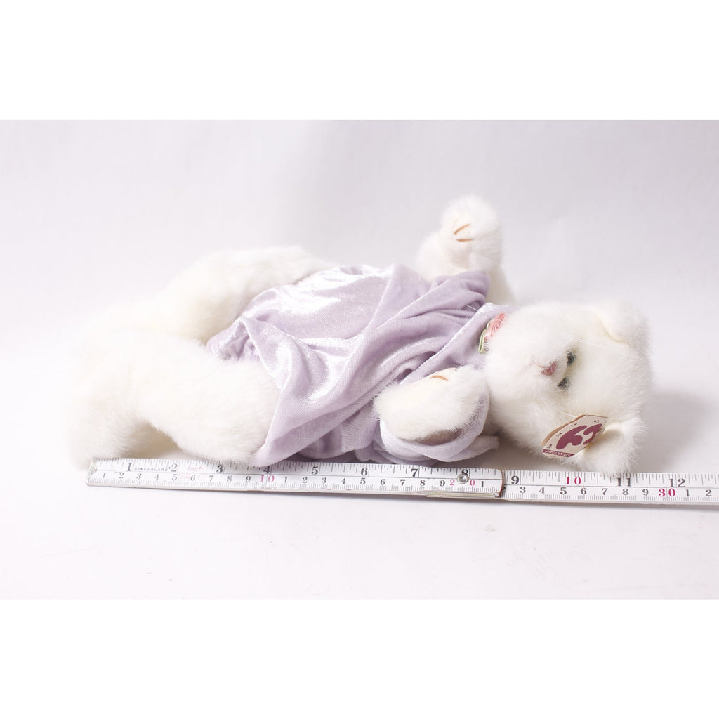1993 Ty Attic Treasures Amethyst White Cat Plush in Lavender Jumpsuit ~ 260302-WH 111