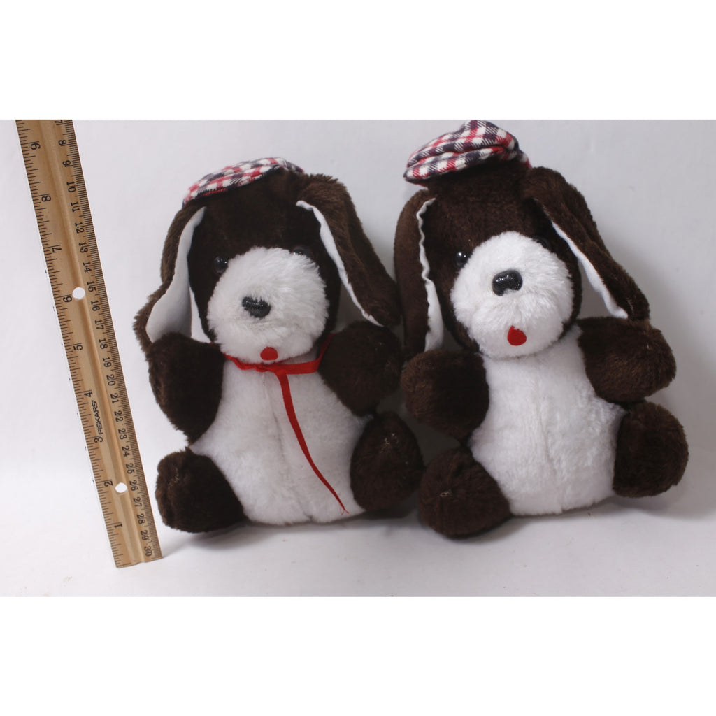 1980s Carnival Cute Plush Brown and White Puppy in Plaid Newsboy Cap Set of 2 ~ 260907-WH 1142