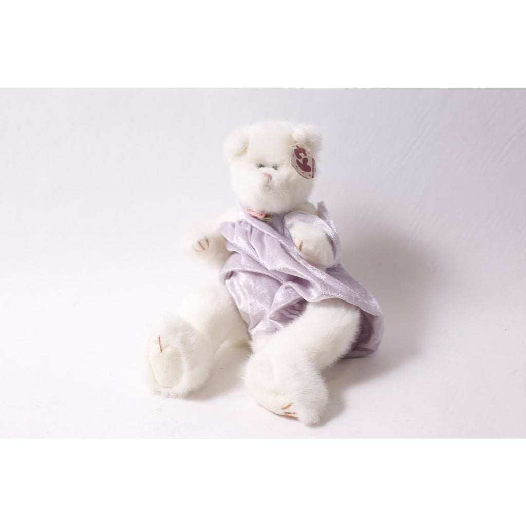 1993 Ty Attic Treasures Amethyst White Cat Plush in Lavender Jumpsuit ~ 260302-WH 111