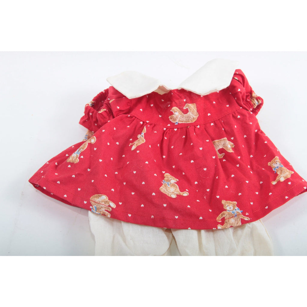 Doll Outfit Girl Red Dress Puffed Sleeves Teddy Bear Print White Hearts Peter Pan Collar White Pants Clothes ~ The Pink Room ~ 20-05-165