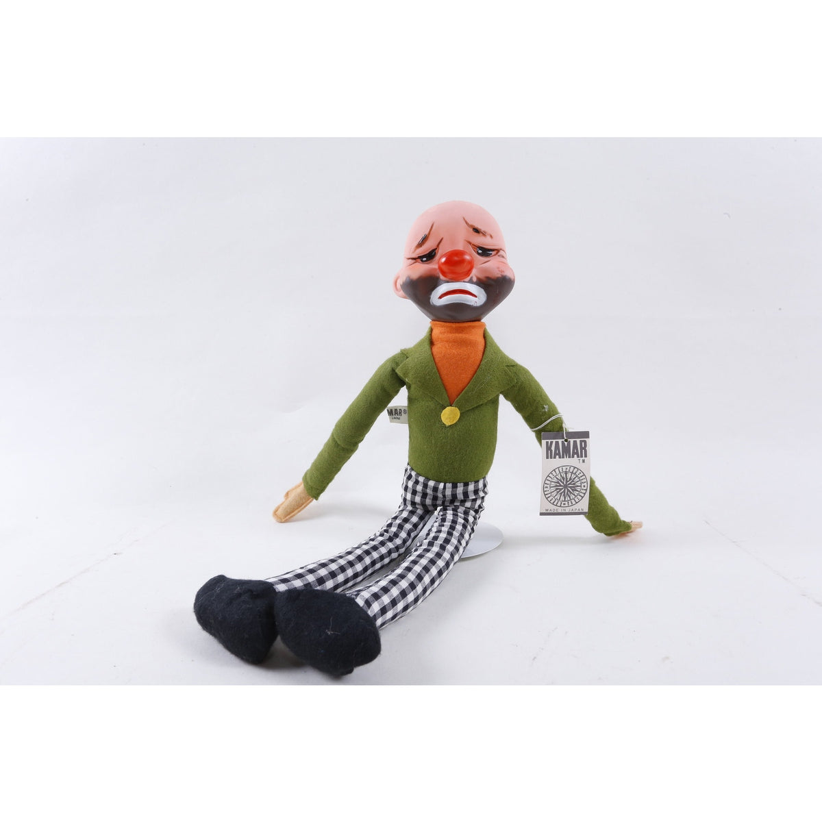 Kamar Production Sample 70s Jock, Sad Clown, Bald, Green White Outfit, Soft, Plush, Doll, Vintage, 243