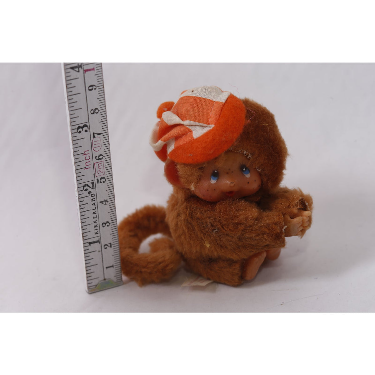 1970s Sekiguchi Monchhichi Brown Plush Monkey Toy in Striped Hat ~ 260425-WH M-01-04