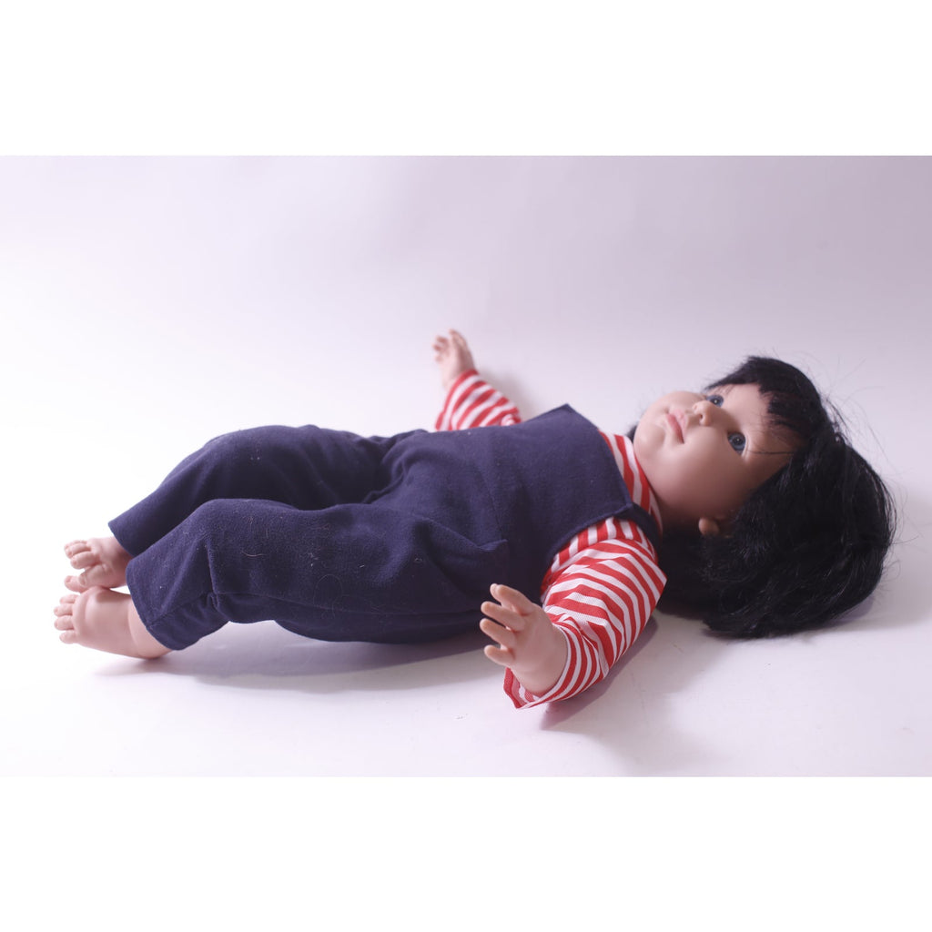 Vintage, Bambola Doll, Dressed, Blue Jumpsuit, Striped Shirt, Black Hair, Toy, ~ 250605-WH 307