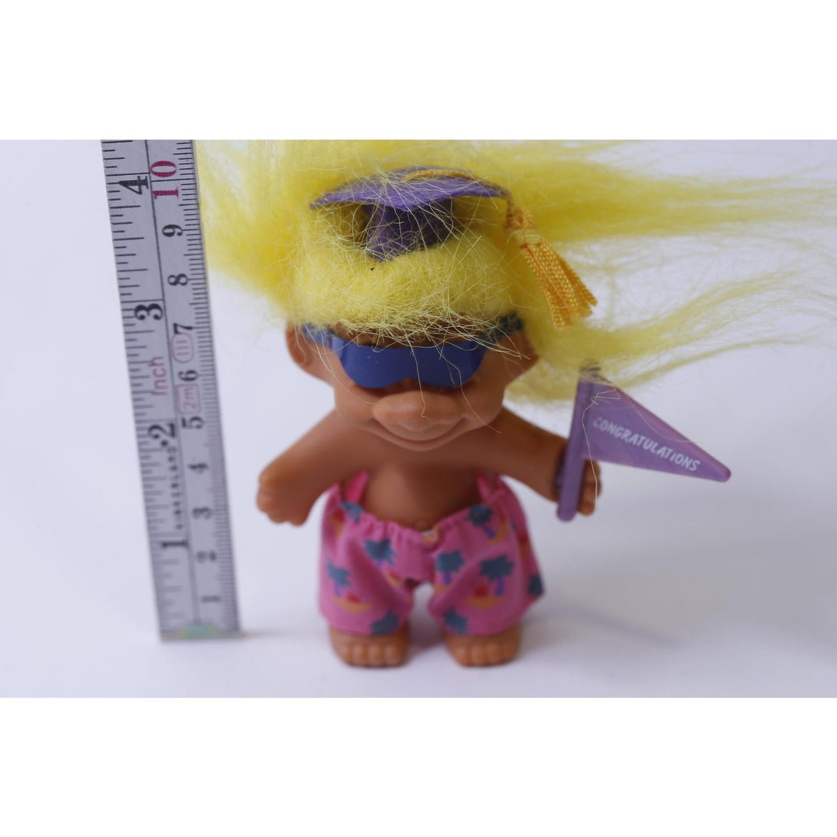 Russ Beach Bum Troll in Graduate Hat with Congratulations Flag, Yellow Hair, 1990s, Vintage, Collectible, ~ 241105-WH M-05-04